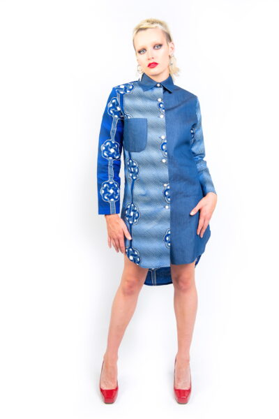 African print & Denim Fusion High Low Dress Shirt Front